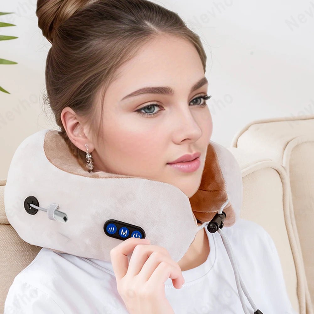 Travesseiro elétrico de massagem para pescoço, massageador em forma de U, veludo macio e longo, espuma de memória durável, massagem relaxante.TJ-U1