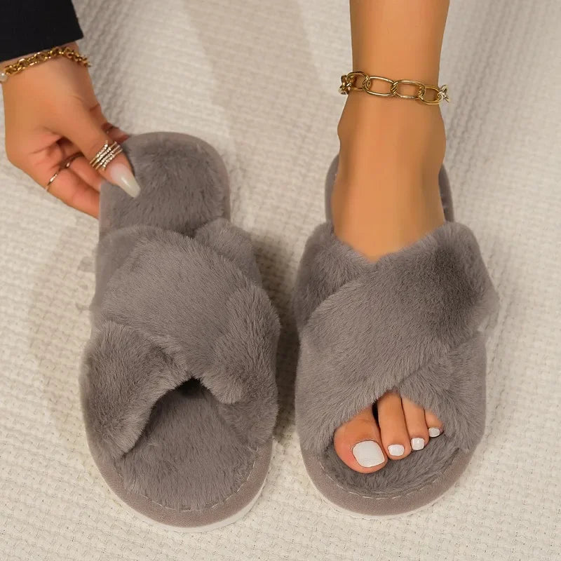 Moda cruz cinta chinelos macios mulheres 2024 inverno pele quente casa chinelos mulher confortável sola macia não deslizamento sapatos internos