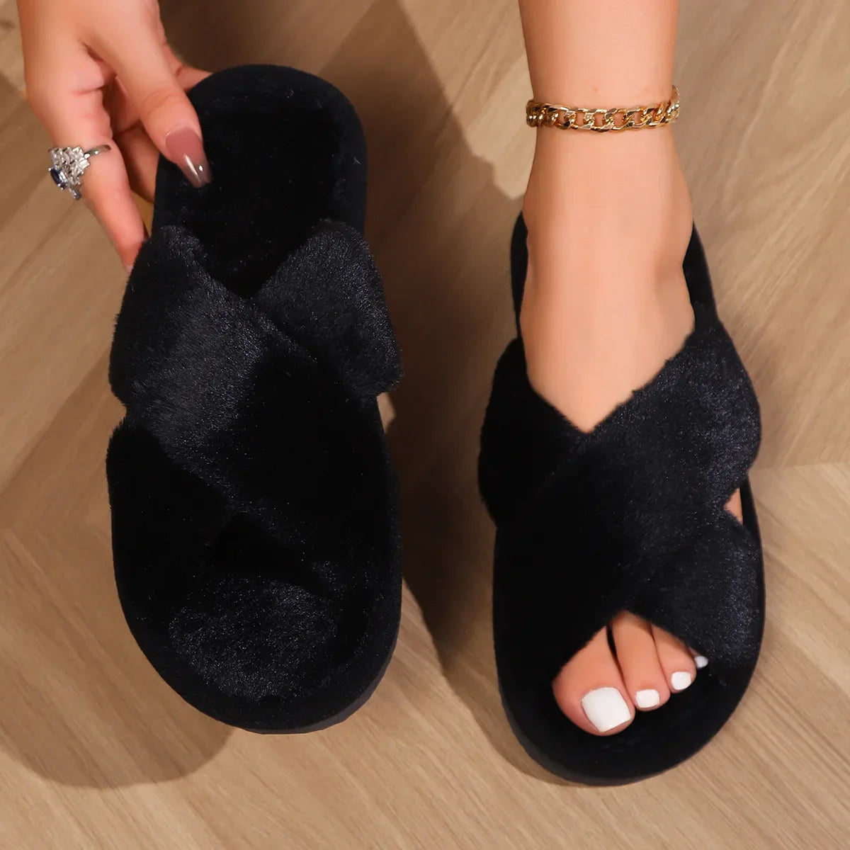 Moda cruz cinta chinelos macios mulheres 2024 inverno pele quente casa chinelos mulher confortável sola macia não deslizamento sapatos internos